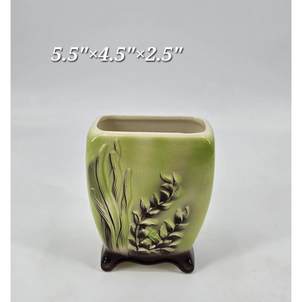 Vintage Royal Copley Seaweed‎ Footed Planter Vase Chartreuse Green Brown MCM